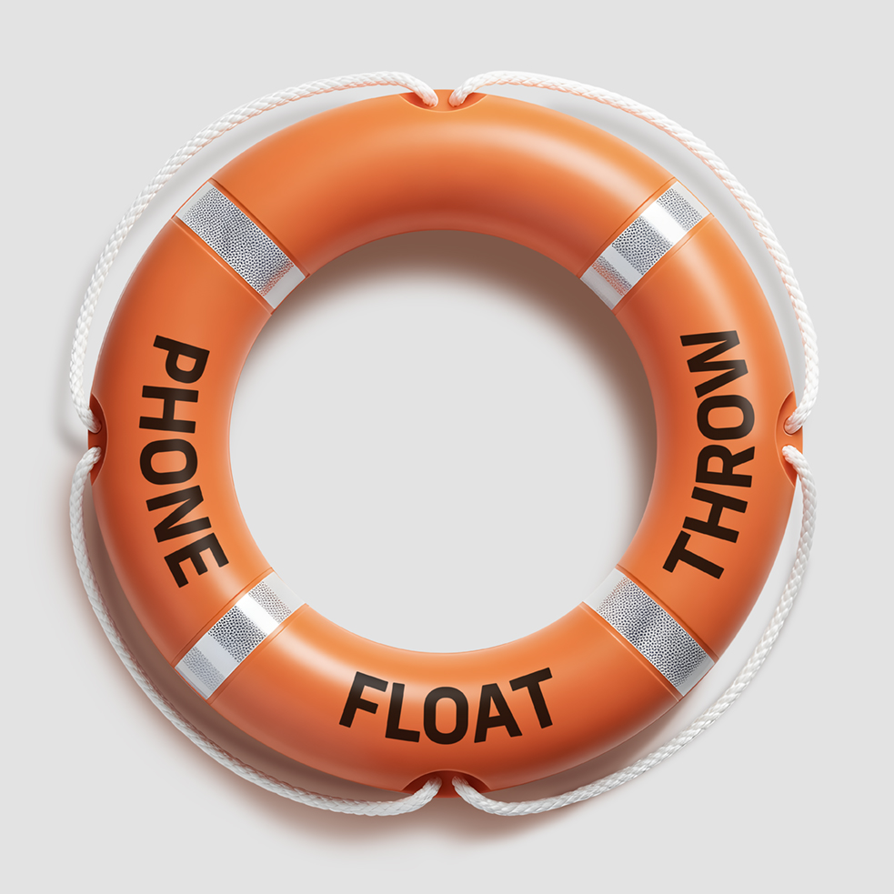 Image of an orange lifebuoy with the words phone, float throw on it.